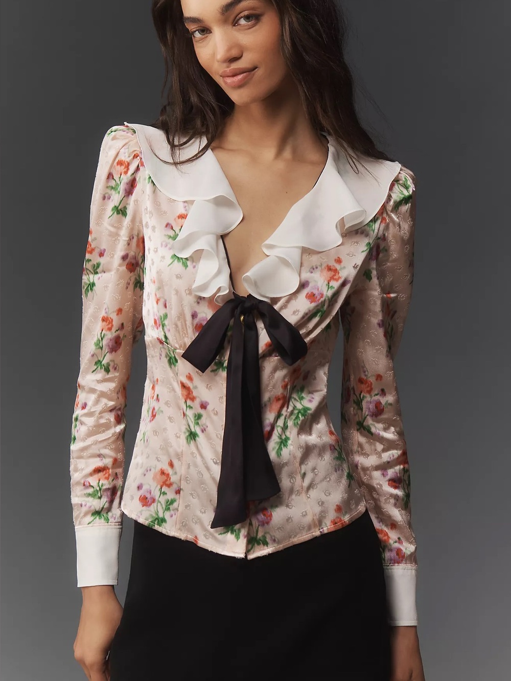 Maeve Anthropologie Floral Jacquard Ruffle Tie Blouse Size Small